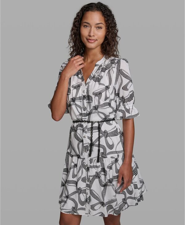 カール ラガーフェルド レディース トップス ワンピース プリント KARLAGERFELD PARIS Womens Printed Belt Collaredressoft WhiteBlack