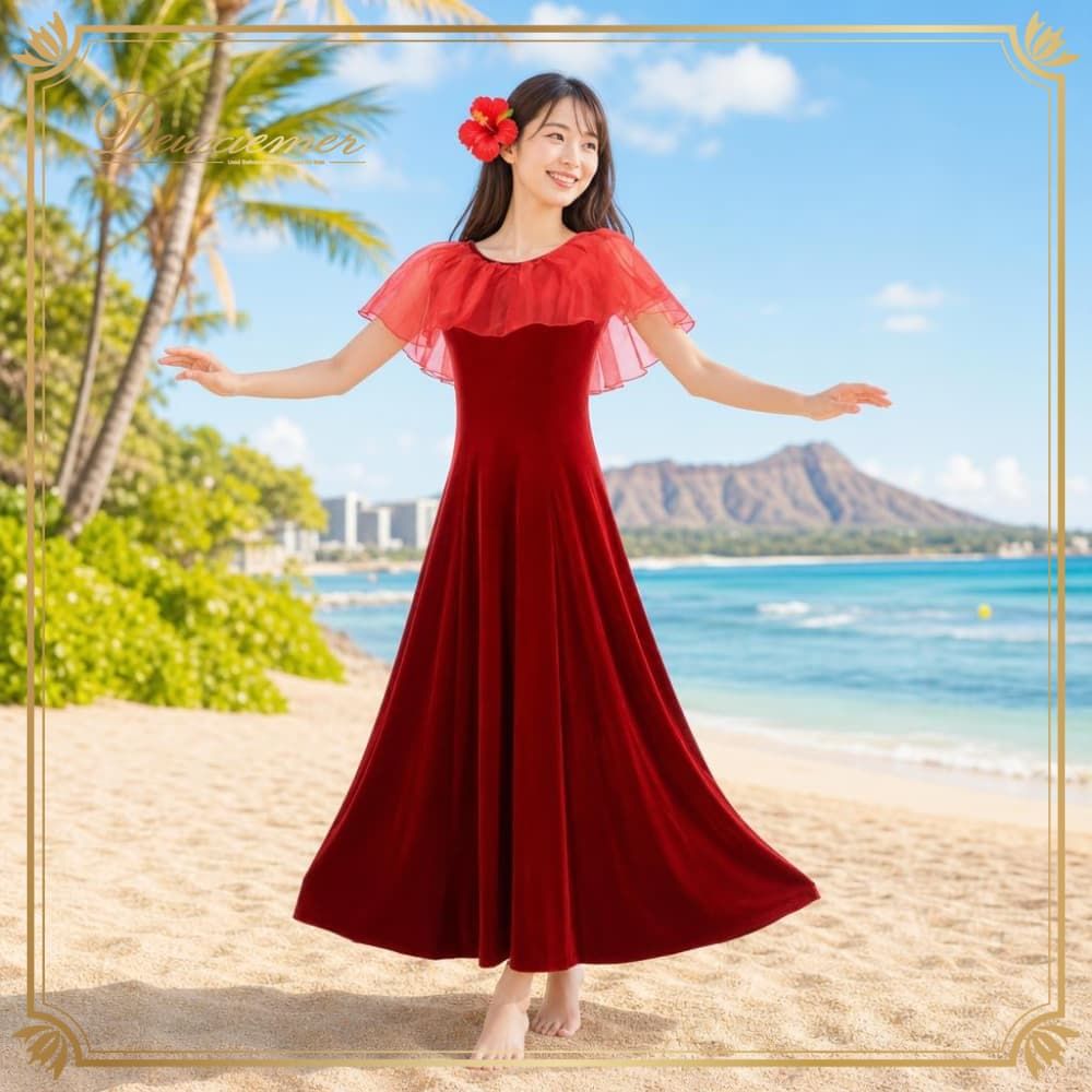 フラダンス 衣装 MakaMaka マカマカ ワンピース ドレス レッド系 ベロア ワンカラー チュール アシンメトリー 光沢 上品 きれい 高級感 大人っぽい かわいい 華やか 鮮やか 明るい 赤 ハワイアン アロハ フラ ダンス レッスン 練習 首周り ボリューム チュールフリル ワンピースドレス ベロアドレス 光沢感 艶 フラスタイル フラ衣装 A090-2512019013134 フラダンス 衣装 MakaMaka マカマカ ワンピース ドレス レッド系