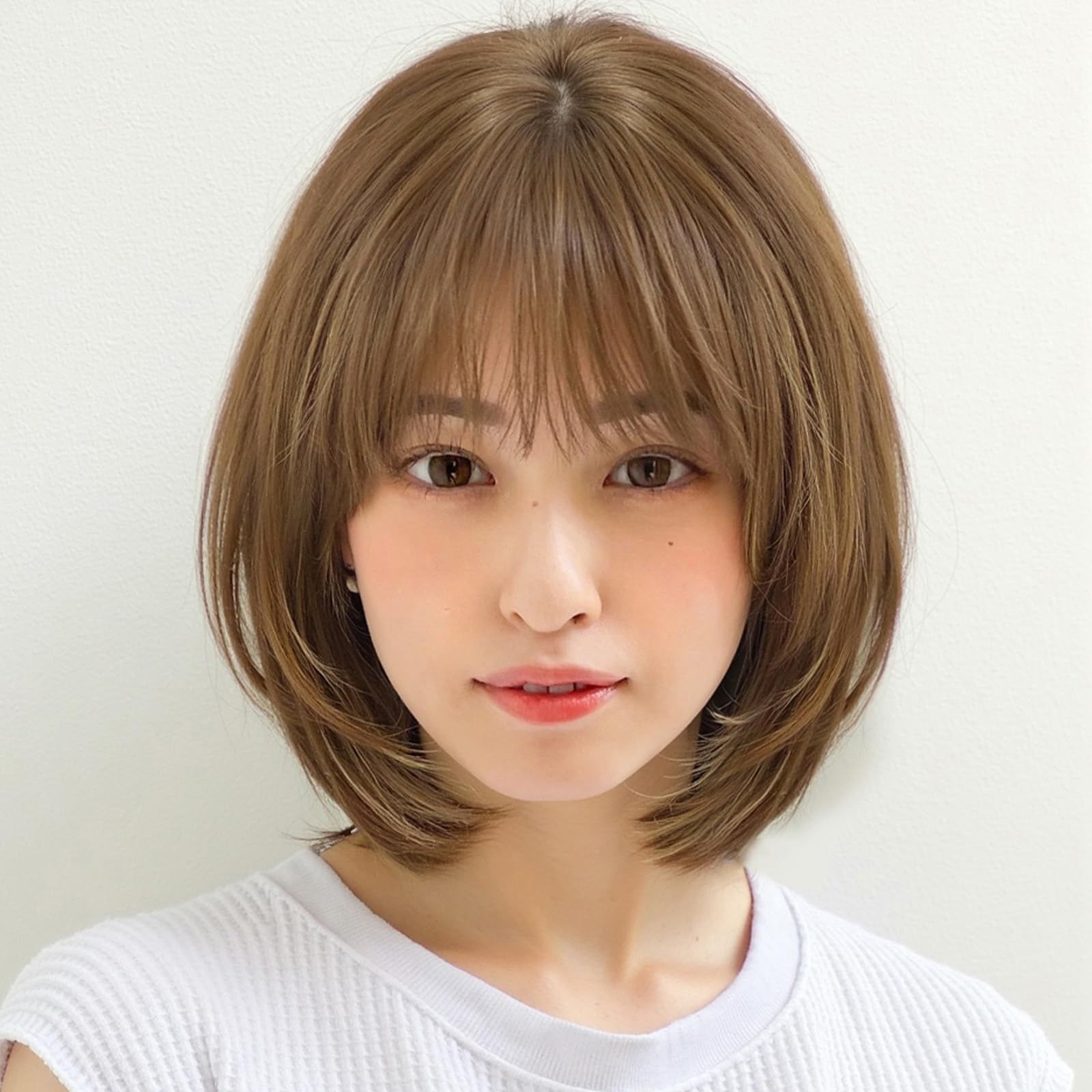 Sサイズ 人毛MIXフルウィッグ ブラウン ショートボブ 着画有り