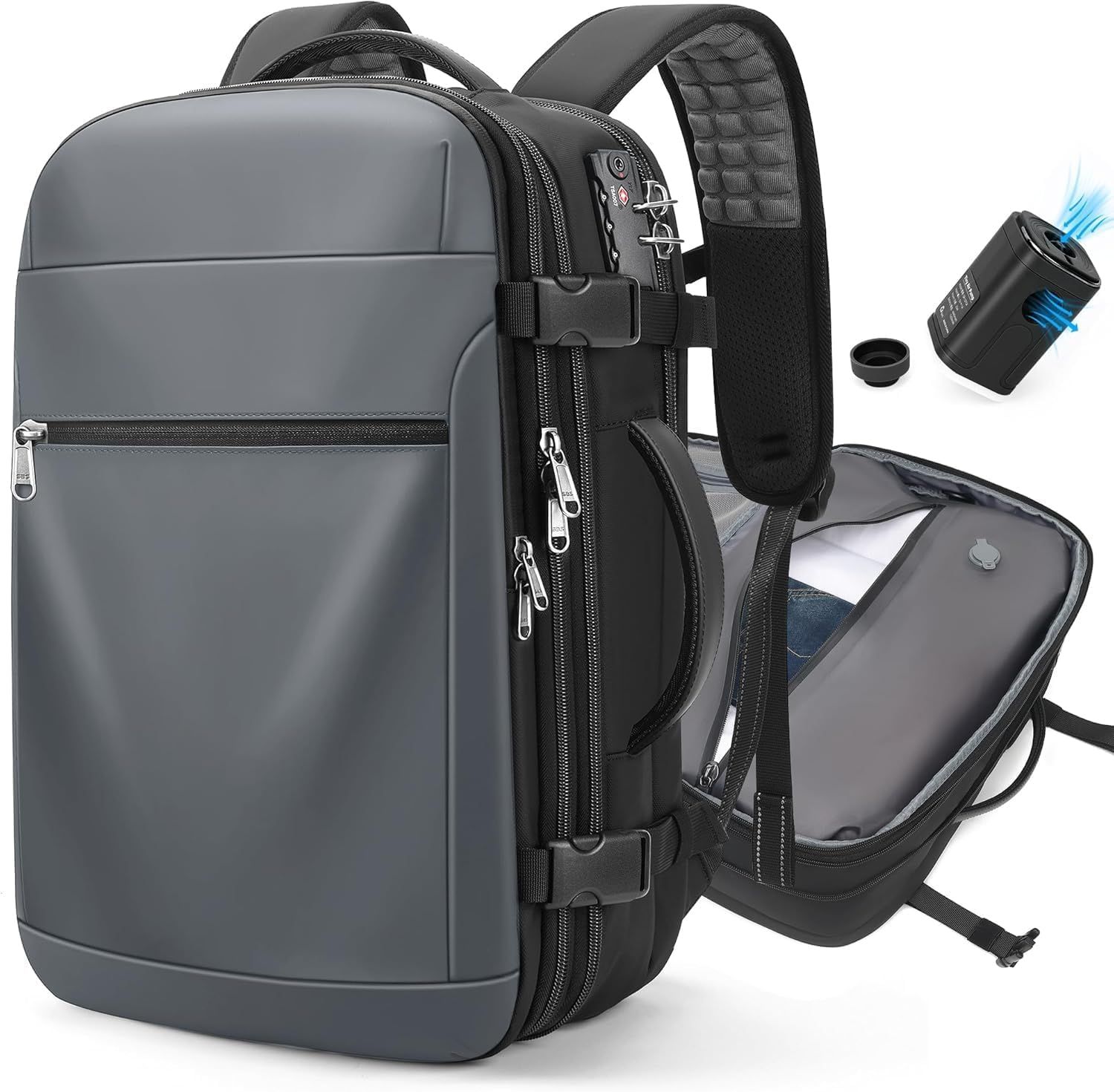 旅行用、60L 圧縮バッグ内蔵拡張可能 バックパック、TSAロック/ノートパソコン用コンパートメント（17インチ対応）、耐水圧縮バッグ付き、リュック バキュームバックパック キャリーフライト＆ビジネス用