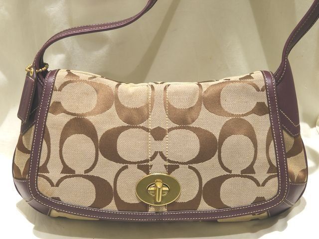 コーチ ワンショルダーバッグ ☆ 11557 シグネチャー ベージュ系 キャンバス × パープル系 レザー ターンロック レディース COACH ▼8F
