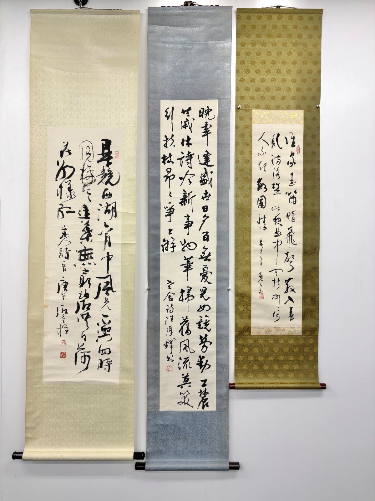 【蔵出】中国美術 近現代書家 行書書道掛軸 3幅まとめてセット（汪厚鐸・石金柱・楊啟山 銘） 紙本 時代物 茶掛 260625-5