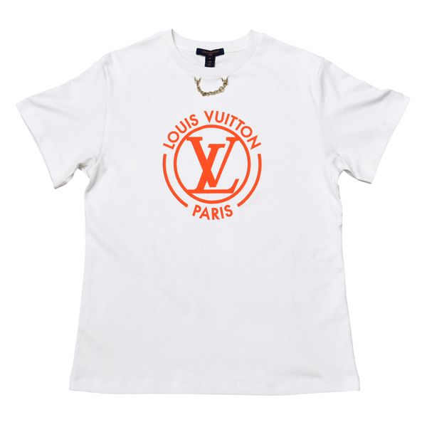 ルイヴィトン レディース フロックド LV Tシャツ 半袖 Mサイズ クリーニング済み ホワイト オレンジ Louis Vuitton 中古