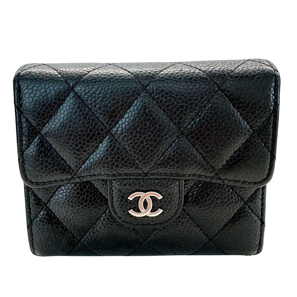 シャネル CHANEL 財布 レディース ブランド 二つ折り財布 マトラッセ キャビアスキン ブラック シルバー金具 コンパクト おしゃれ シンプル 黒 【中古】