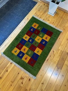 ペルシャ　ダバールギャッベ　玄関マット　ラグ　89×69㎝　　パネル柄　グリーン　T963