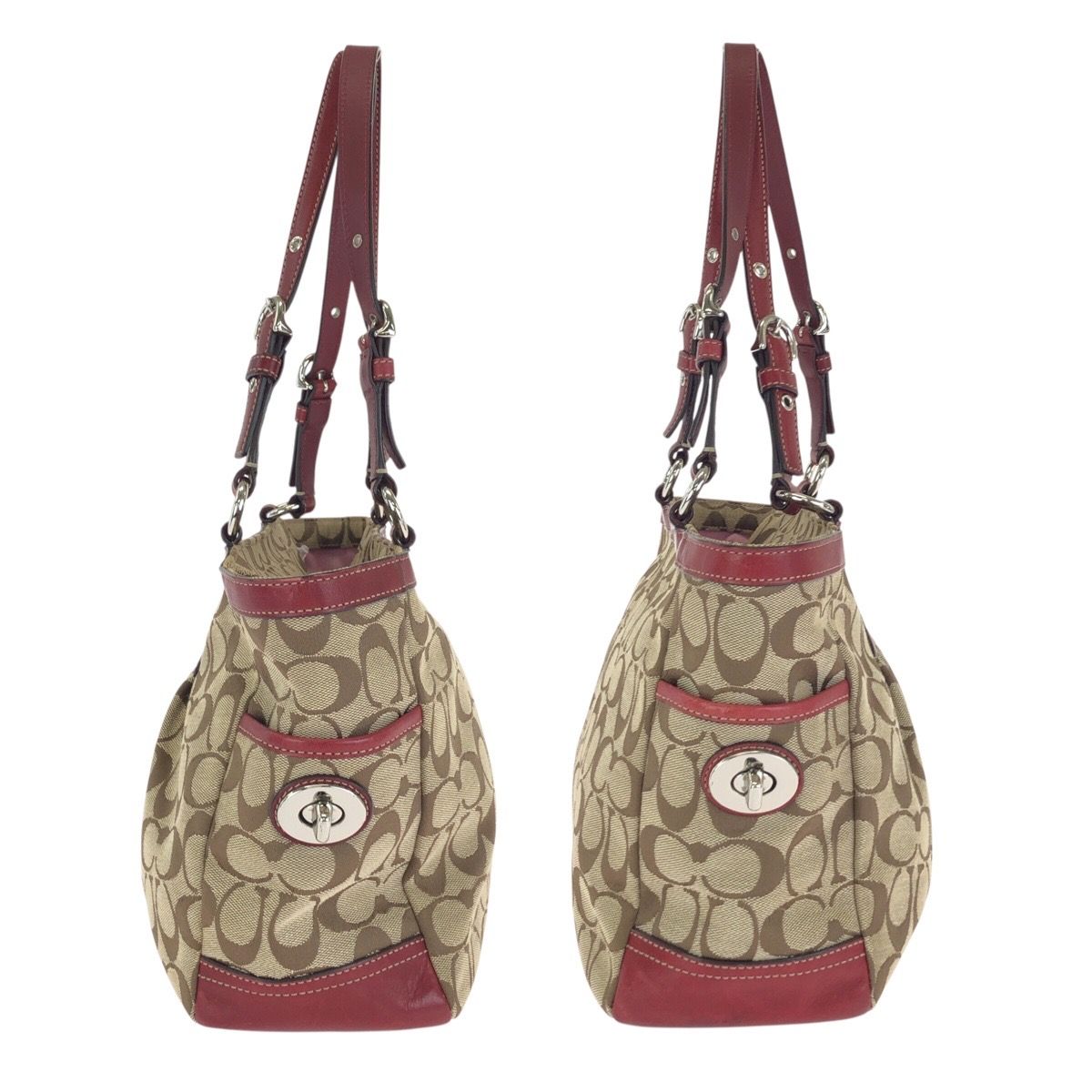 美品！COACH シグネチャー エンボス レザー チェーントート 美品 COACH コーチ シグネチャー ベージュ レッド シルバー金具