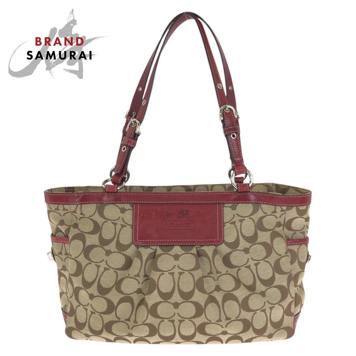 美品 COACH コーチ シグネチャー ベージュ レッド シルバー金具