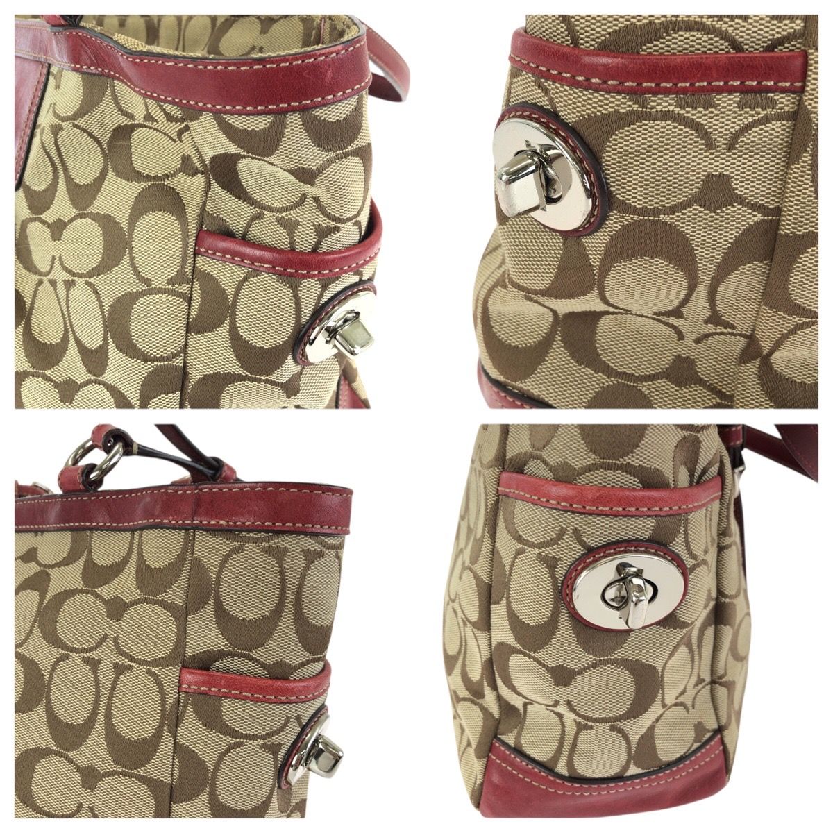 美品 COACH コーチ シグネチャー ベージュ レッド シルバー金具