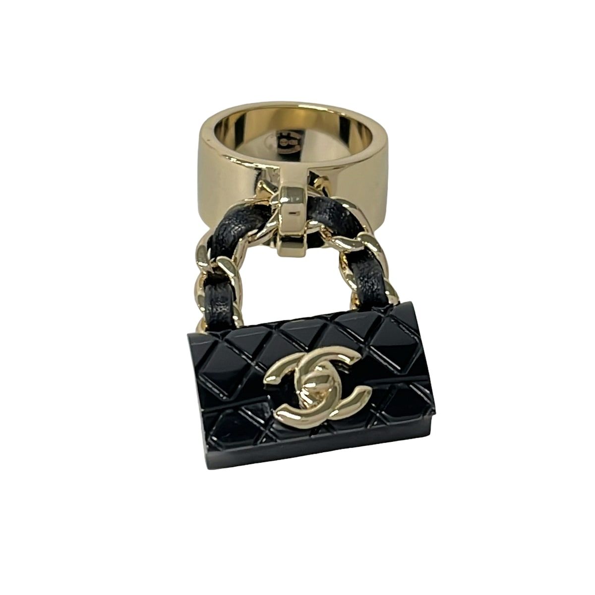 CHANEL(シャネル) リング美品 ココマーク レザー ゴールド×黒 バッグモチーフ/マトラッセ