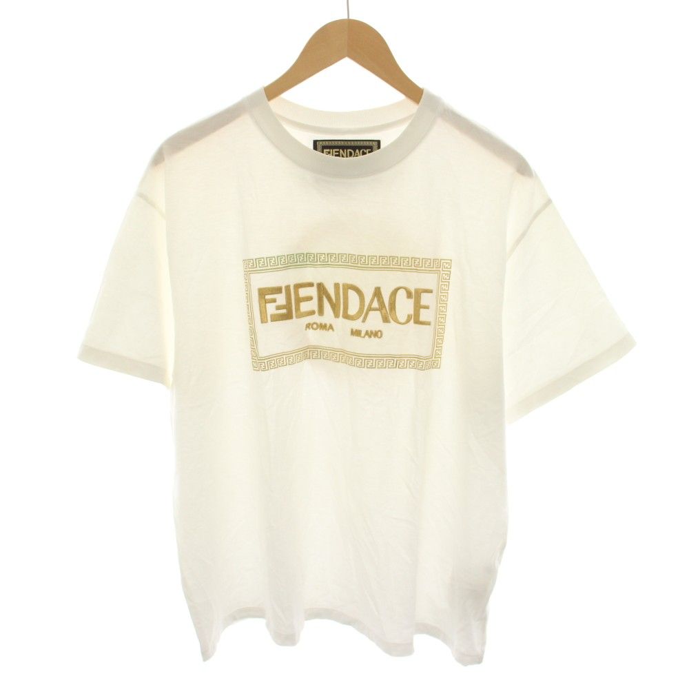フェンダーチェ Fendace フェンディ FENDI ヴェルサーチ VERSACE Tシャツ カットソー クルーネック 半袖 メデューサ プリント 刺繍 L 白 ホワイト ゴールド FY1144 AKDV /YT
