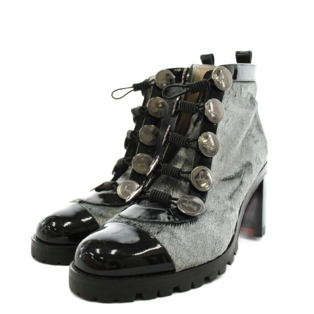 クリスチャンルブタン Christian louboutin ショートブーツ チャンキーヒール レースアップ ハラコ エナメル 37.5 シルバー色 黒 ブラック /AN26