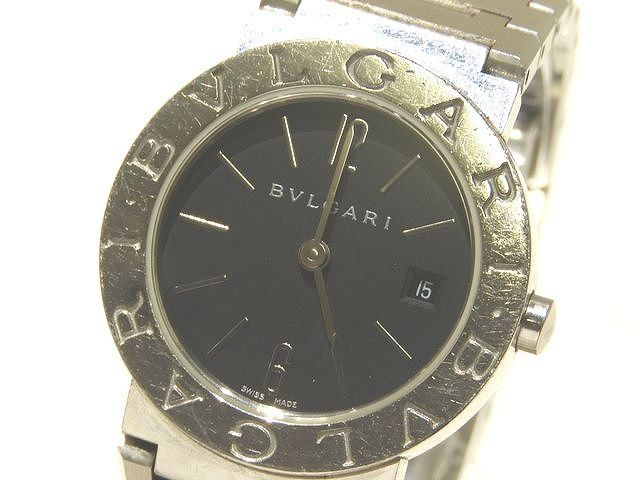 BVLGARI レディース クォーツ 時計 デイト ☆ BB26SS ブルガリ・ブルガリ 黒文字盤 シルバー ロゴあり ラウンド ブラック ▼8F