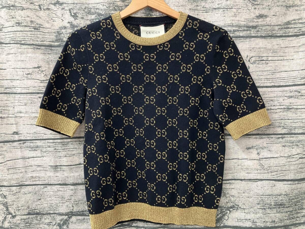 【値下げ】GUCCI グッチ GG コットンラメ ファブリック トップス Sサイズ NVY GLD