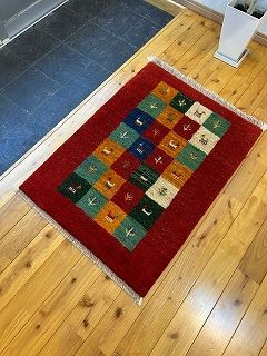 ペルシャ　ダバールギャッベ　玄関マット　ラグ　87×63㎝　　パネル柄　レッド　D14