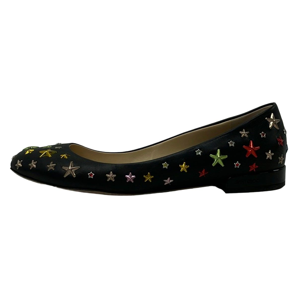 JIMMY CHOO(ジミーチュウ) フラットシューズ 38 1/2 レディース - 黒 スタッズ/スター(星)/ラインストーン レザー