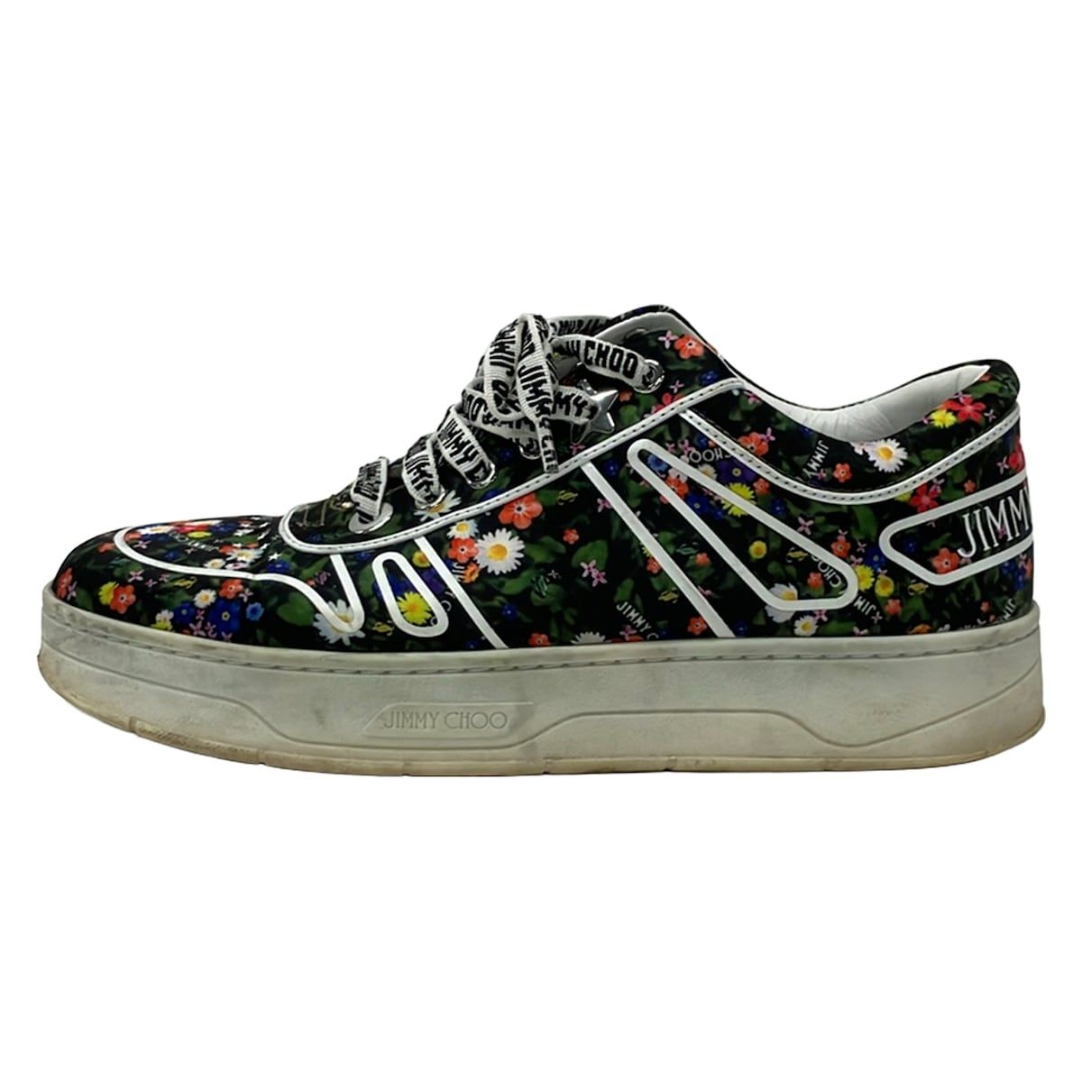 JIMMY CHOO(ジミーチュウ) スニーカー 38 レディース - 黒×ダークグリーン×マルチ 花柄/インソール取外し可