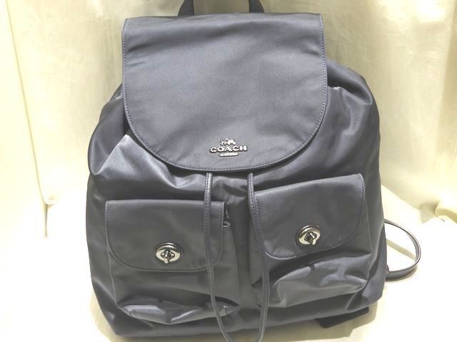 まだ美品 コーチ リュックサック ☆ F58814 ネイビーグレー系 ナイロン × レザー ポケット レディース バッグ COACH バックパック ▼8F 8,140円