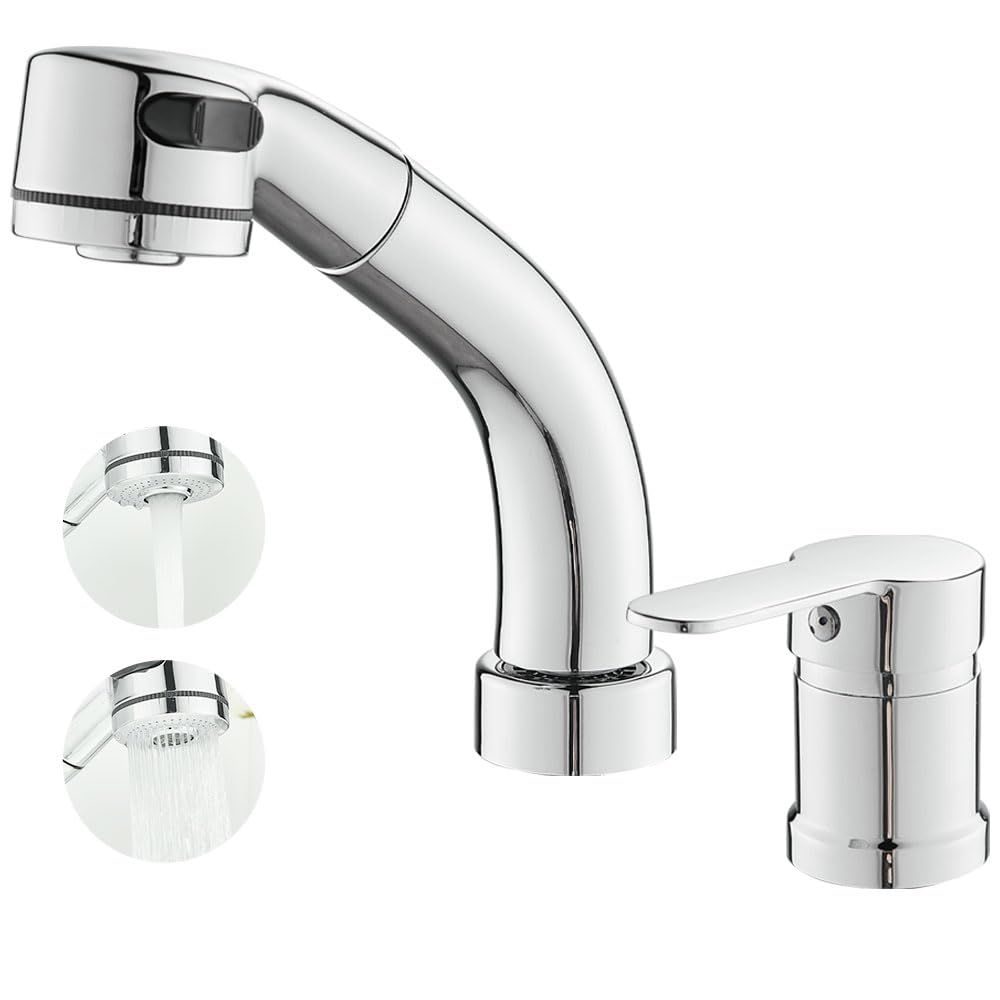 洗面台蛇口 洗面用水栓 ツーホール式 シングルレバー混合水栓 台付き2穴 ホース引き出し式 360°回転 吐水口昇降 二重機能スプレイヤー 水栓金具 洗髪用 取り付けホース付き クロム★m 0d20d006