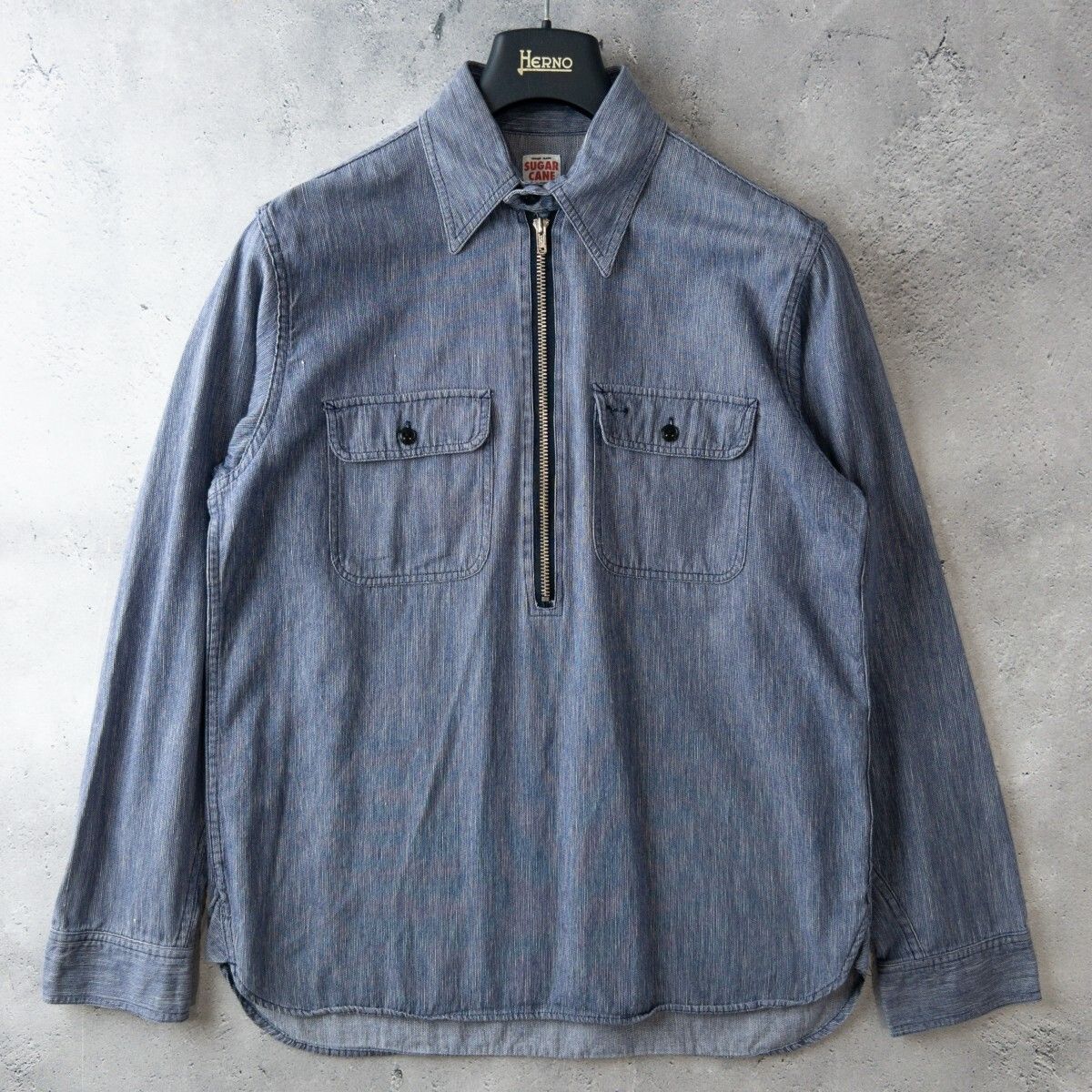 美品 SUGAR CANE シュガーケーン M21867 初期 プルオーバー ワークシャツ 棒タロン ピンチェック シャンブレー ダンガリー メンズ M ブルー