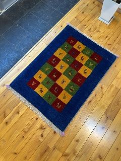 ペルシャ　ダバールギャッベ　玄関マット　ラグ　88×63㎝　　パネル柄　ブルー　T1174