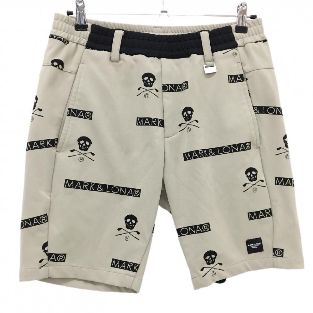美品】マークアンドロナ ハーフパンツ グレージュ×黒 スカル・ロゴ総柄