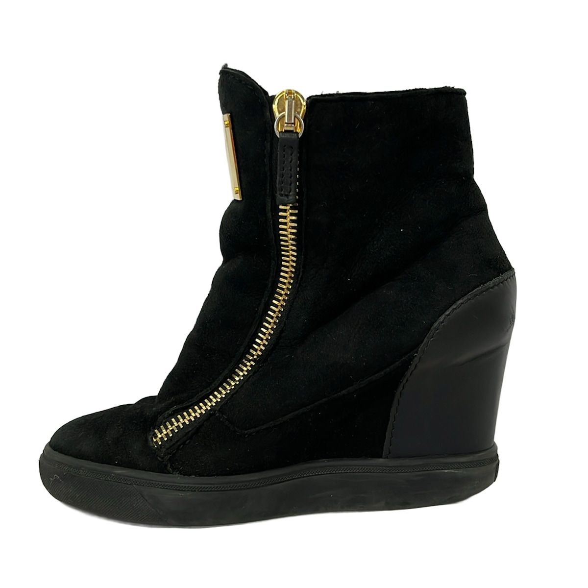 giuseppe zanotti(ジュゼッペザノッティ) ショートブーツ 37 レディース - 黒 インヒール レザー、ムートン