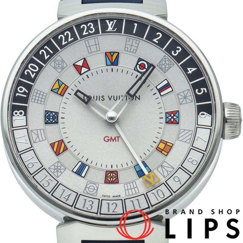 ルイ・ヴィトン タンブール ムーン デュアルタイム GMT ウォッチ 43.5mm QA096Z 箱 保証書 SS/ラバー メンズ