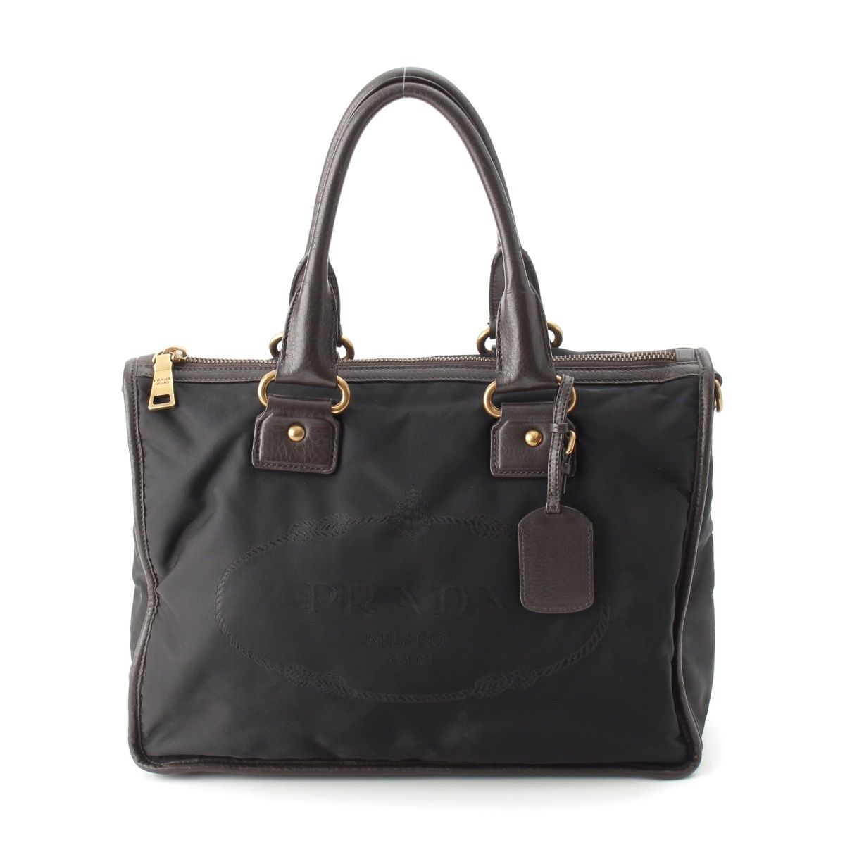 プラダ レザー ナイロン ロゴ ハンドバッグ 2WAY ショルダー BL0748 ブラック ブラウン グリーン【中古】