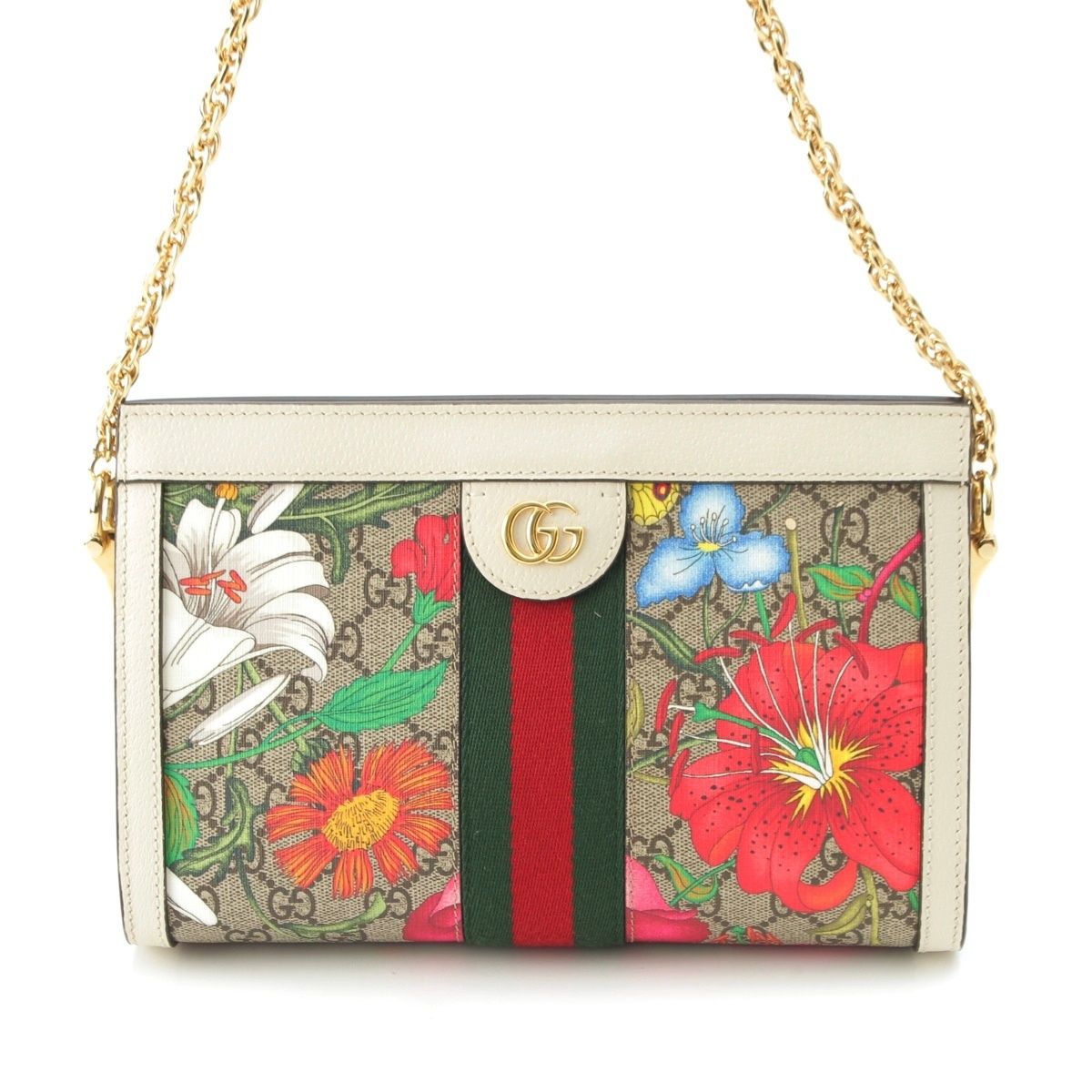 グッチ GGフローラスモール オフィディア レザー チェーン ショルダーバッグ 花柄 503877 ホワイト【中古】
