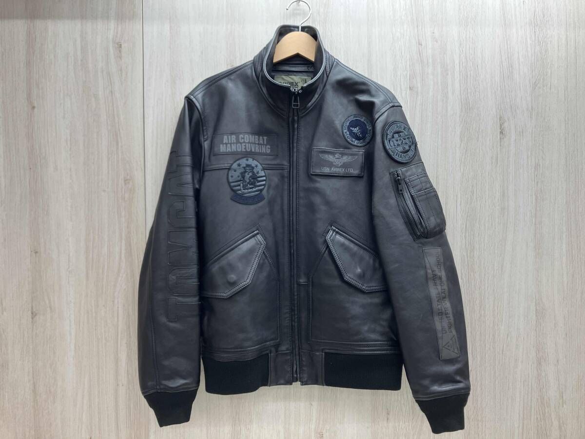 AVIREX/アヴィレックス 6101057 CWU LEATHER TOP GUN レザージャケット 羊革 スタンドカラー ベジタブルタンニン オールブラック ワッペン