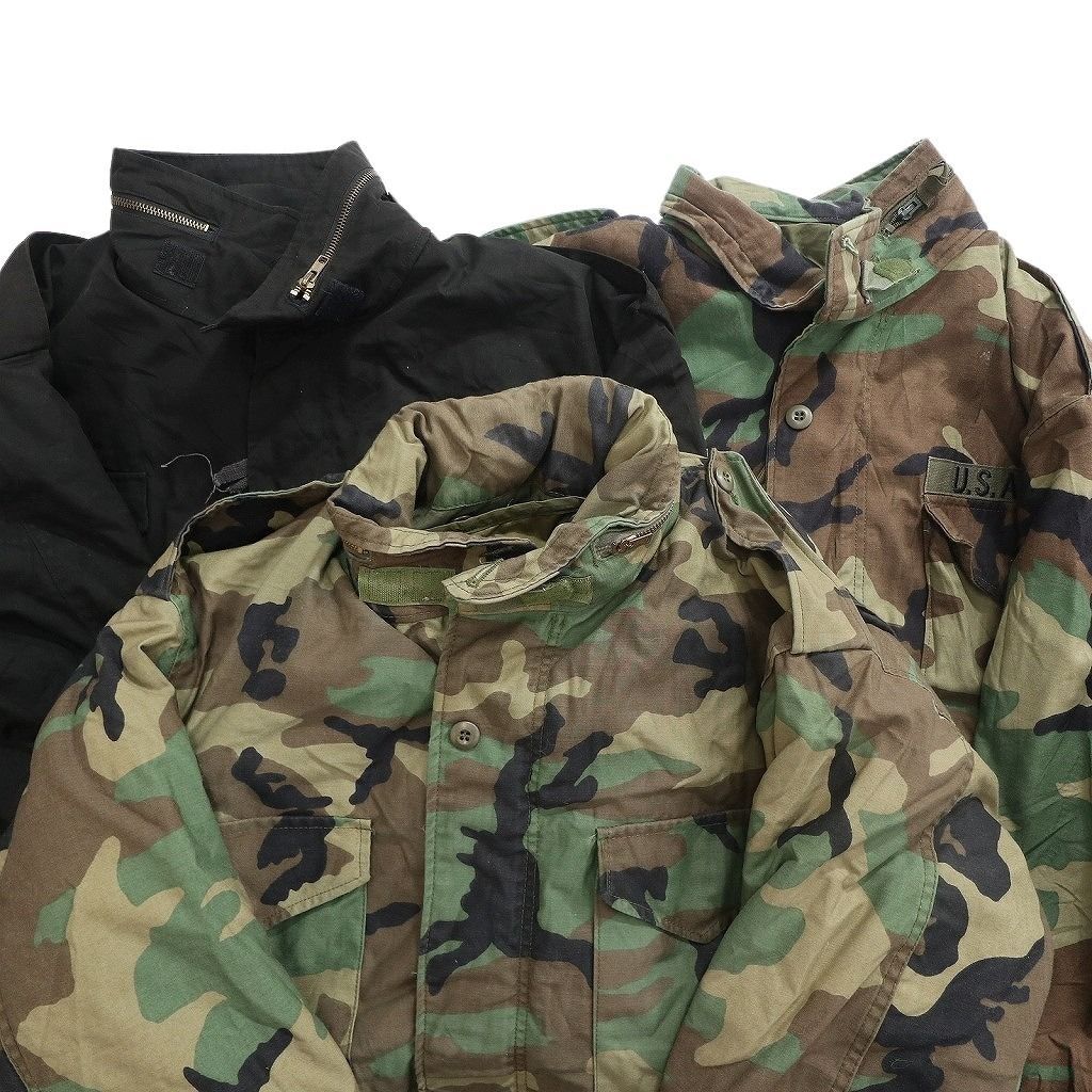古着卸 まとめ売り ミリタリー M-65 ジャケット 3枚セット ( メンズ XL ) ARMY ウッドランド 無地 ブラック 中古 古着 NF3783