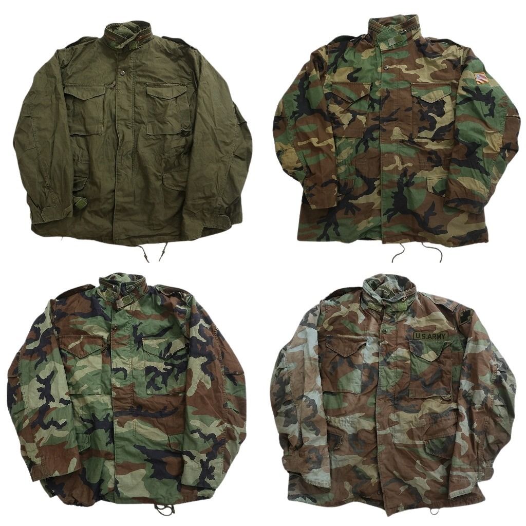 古着卸 まとめ売り ミリタリー M-65 ジャケット 4枚セット ( メンズ M/L ) オリーブ ARMY ワッペン カモ柄 無地 中古 古着 NF3792