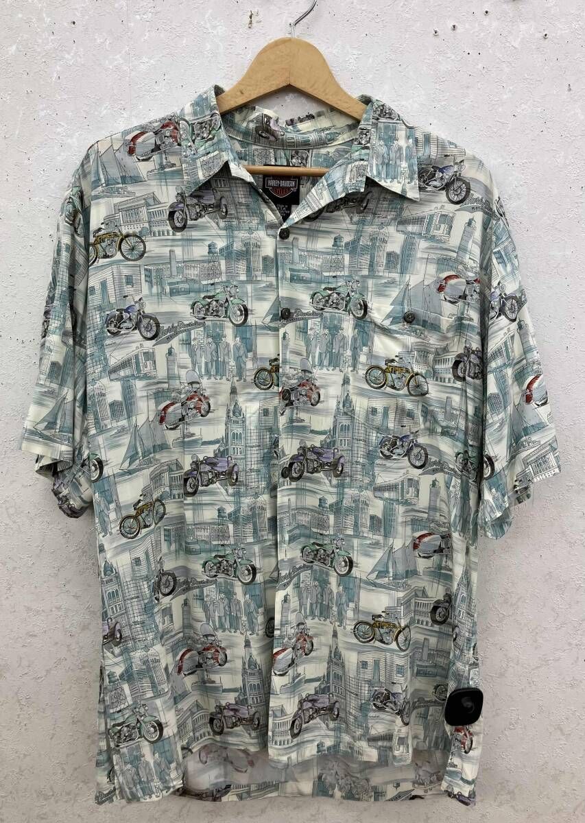 HARLEY DAVIDSON 半袖 バイク 総柄 開襟オールレーヨンシャツ