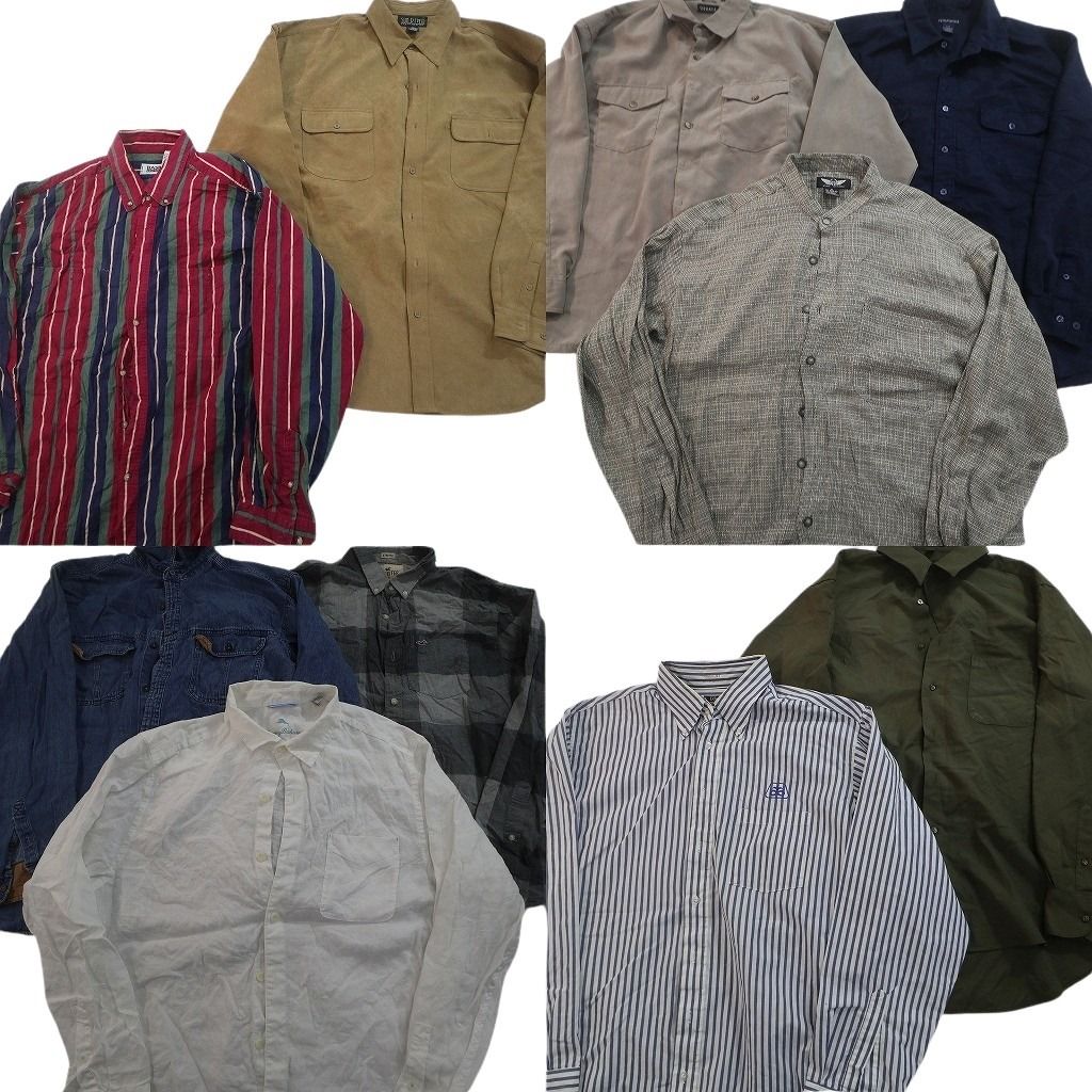 古着卸 まとめ売り 長袖シャツ MIX 10枚セット ( メンズ XL ) ダブルフラップ ストライプ デニム チェックバンドカラー 中古 古着 NF3805