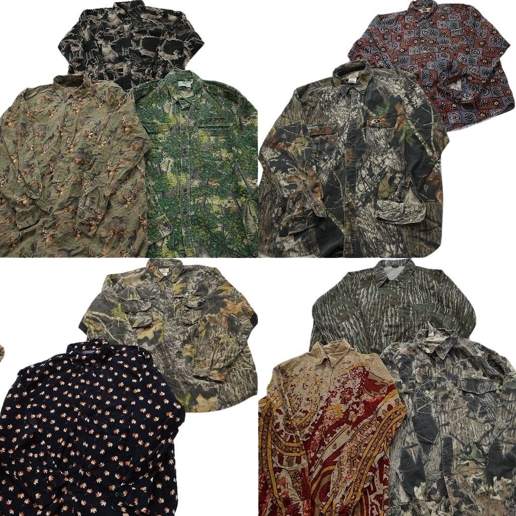 古着卸 総柄 柄シャツ 長袖シャツ 10枚セット ( メンズ XL/2XL/3XL ) アニマル 動物 リアルツリー柄 モッシーオーク 中古 古着 NF3865