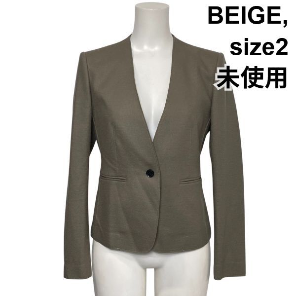 ◆ 未使用 ベイジ BEIGE, Decade ノーカラージャケット ブレザー 長袖 Vネック シングルボタン グレージュ 毛 2 M 9号 レディース S6H071