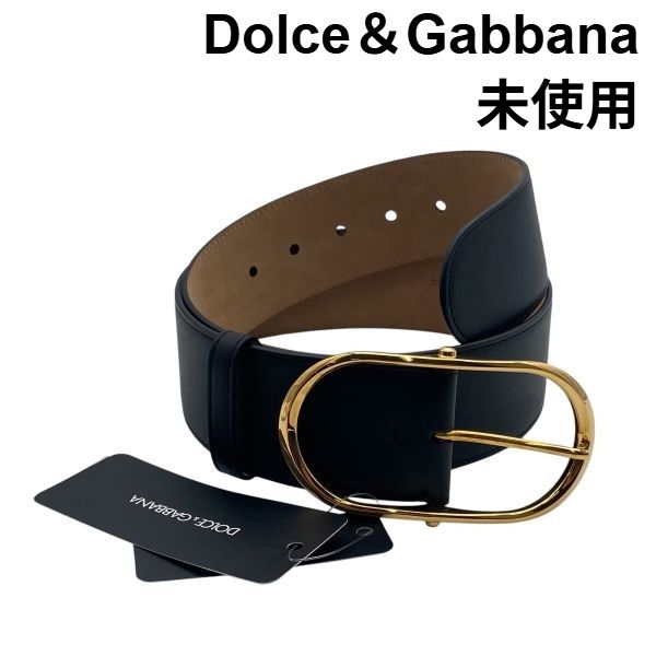 ● 未使用 ドルチェアンドガッバーナ Dolce＆Gabbana マキシバックルベルト 楕円形 ピン式 BE1401 AW962 黒 カーフスキン レディース 6D343