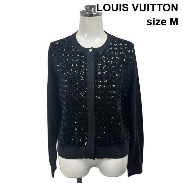 ●◆ ルイヴィトン LOUIS VUITTON カーディガン 長袖 クルーネック フロントスパンコールフライフロント ウール M 9号 レディース S6H094