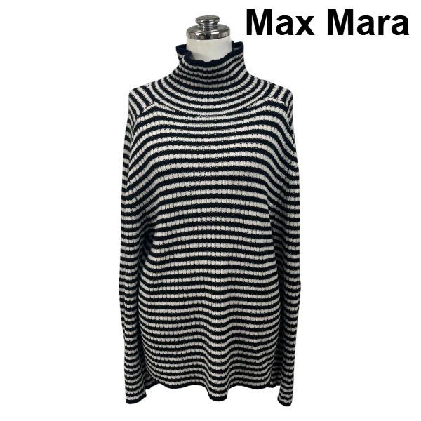 ◆ マックスマーラ Max Mara セーター 長袖 ハイネック ボーダー柄 ロゴボタン ドロップショルダー 黒 白 ウール M 9号 レディース