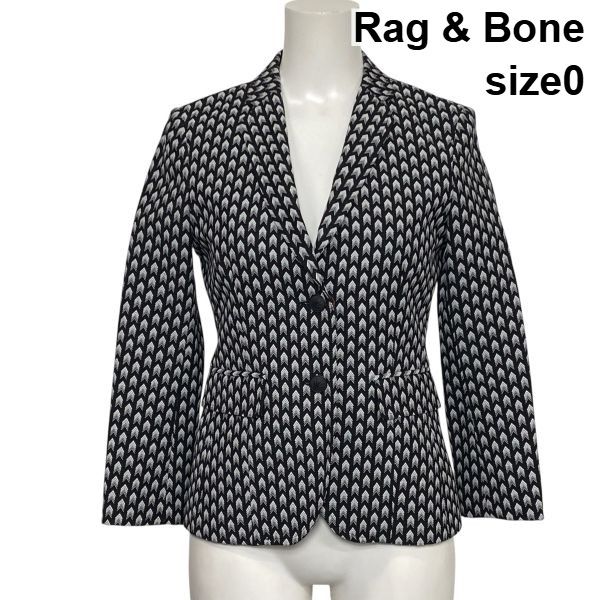 ◆ ラグアンドボーン Rag & Bone テーラードジャケット ブレザー 長袖 シングルブレスト 総柄 黒 白 綿 毛 0 S 7号 レディース S6H100