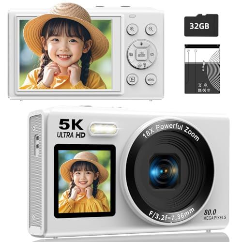 デジカメ5K スマホに送れる デジタルカメラ WIFI転送機能 8000万画素 デュアルスクリーン 32GBマイクロSDカード付き 自撮り18Xデジタルズーム前 2.8インチ 後ろ1.5インチIPSスクリーン AFオートフォーカス 充電式YouTubeカメラe