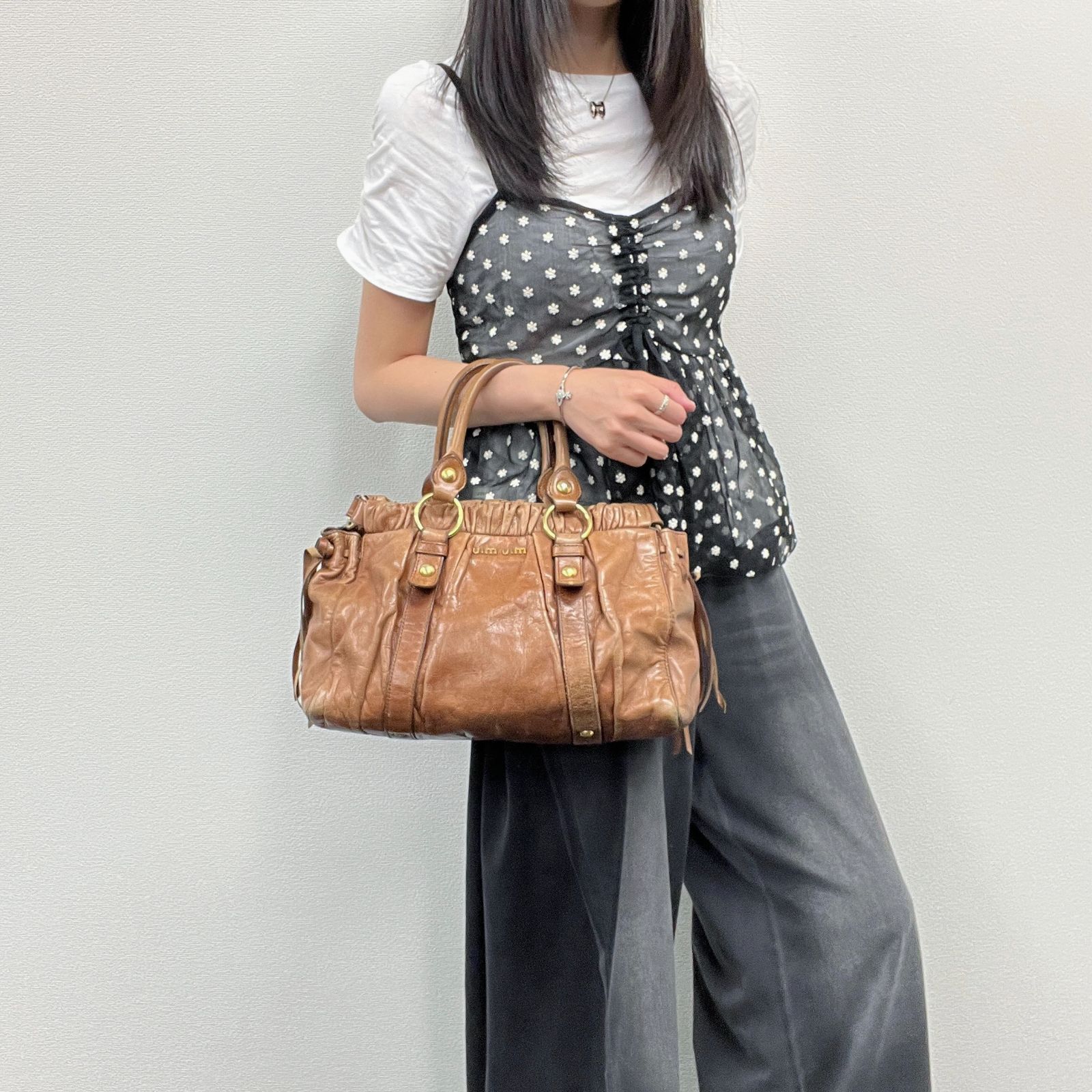 【中古】MIU MIU ミュウミュウ ギャザー 2WAY ハンドバッグ ショルダーバッグ レザー ブラウン ヴィンテージ レディース HIBUOCHI VINTAGE hboc260618a05