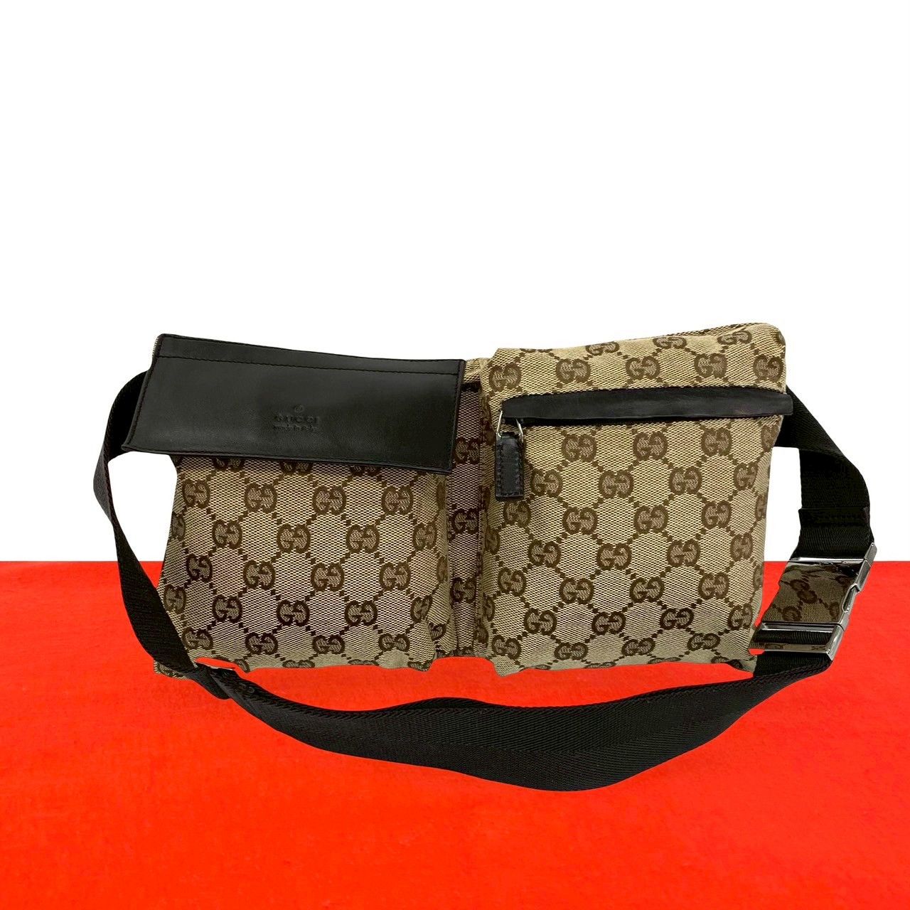 極 美品 GUCCI グッチ GG 柄 キャンバス ロゴ 刻印 レザー 本革 ボディ
