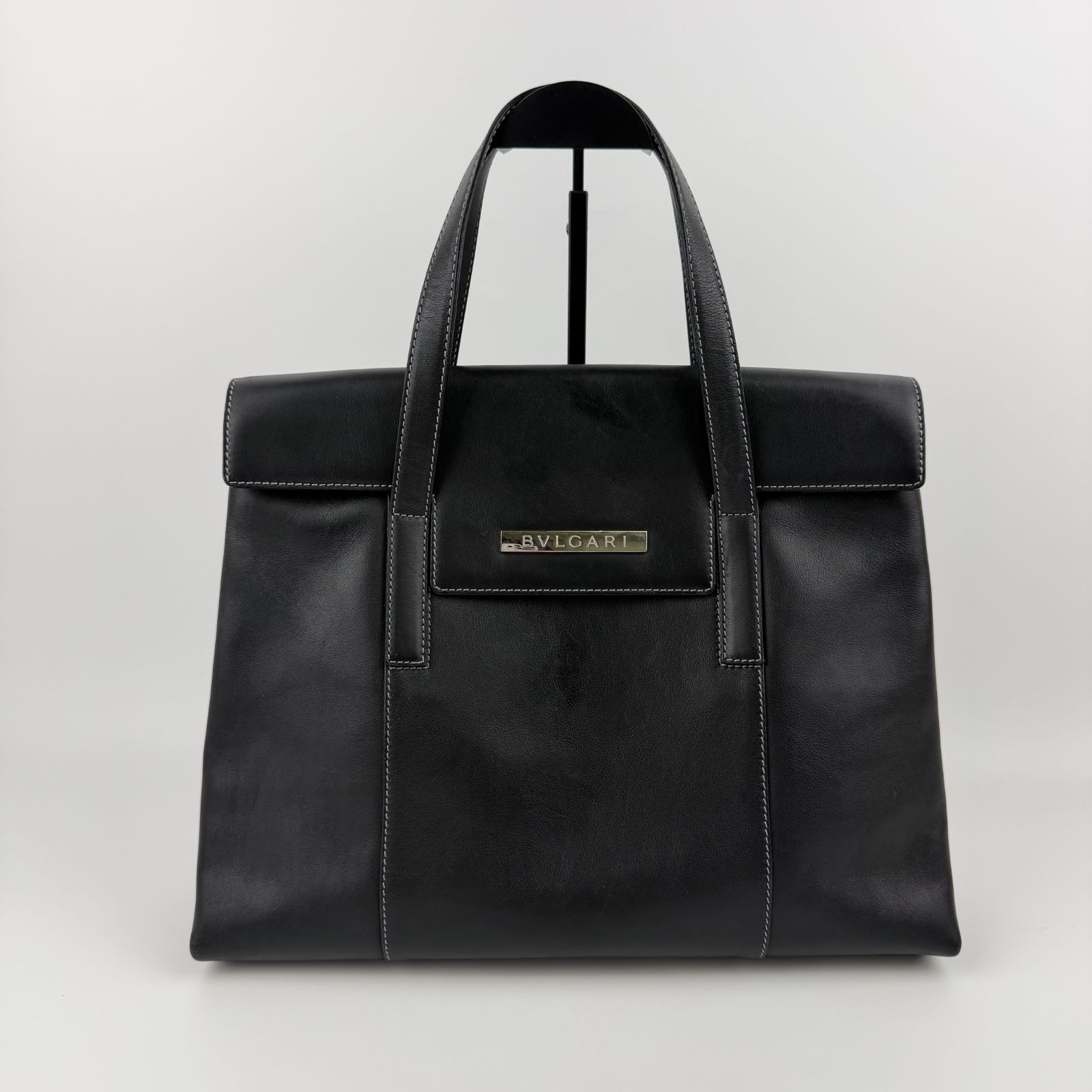 中古】BVLGARI ブルガリ ロゴプレート ハンドバッグ レザー ブラック