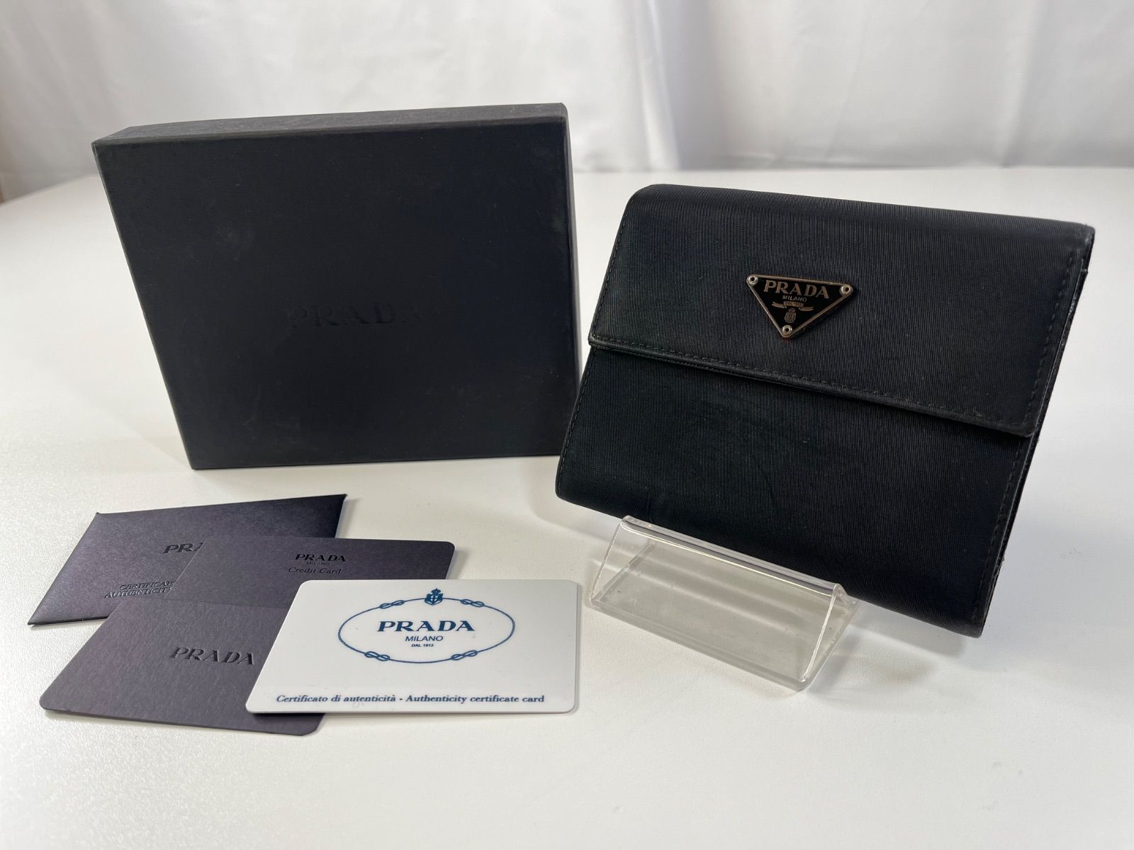 ★PRADA プラダ 三つ折り財布 ナイロン サフィアーノレザー ブラック 箱付 ギャランティカード ブランド品 中古品 管理2M475