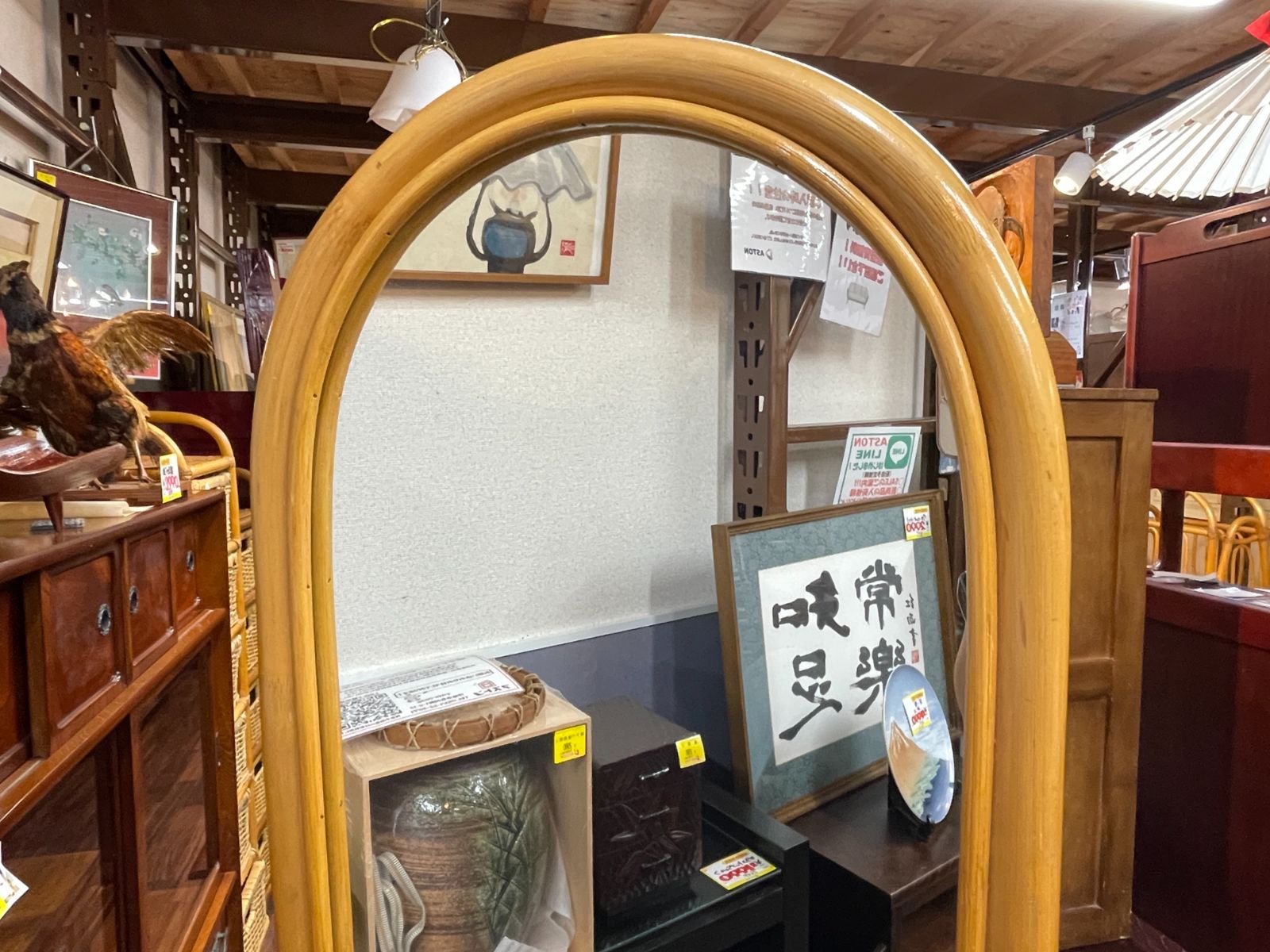 ○・昭和レトロ ラタン/籐 スタンドミラー 姿見 収納 キャスター付き