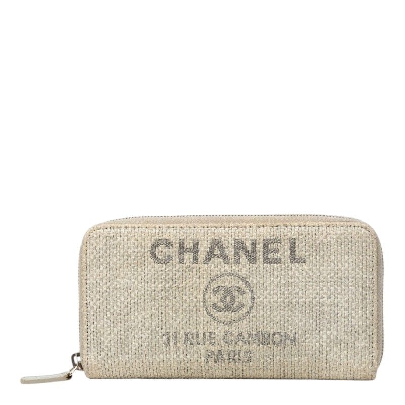 シャネル ドーヴィルライン ラウンドファスナー 長財布 グレー ツイード レディース CHANEL【228-77977】