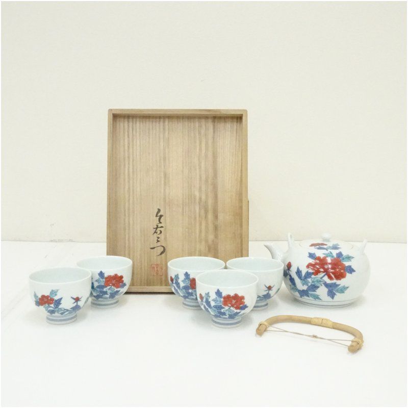 有田焼　今泉今右衛門造　錦牡丹絵茶器セット（共箱） 茶道具 おしゃれ かわいい 来客 レトロ ヴィンテージ 骨董 食器 道具 茶会 茶の湯 茶席 茶事