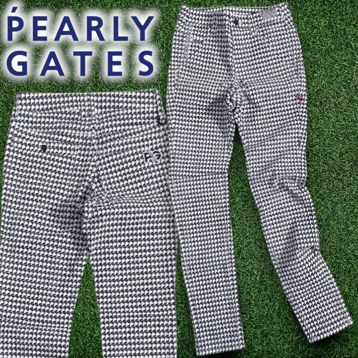 PEARLY GATES パーリーゲイツ ゴルフ 吸水速乾 C/Peアートピケ クリーンポケット 千鳥柄 ストレッチ ロングパンツ ゴルフウェア レディース 055-2131414 定価3.1万 ホワイト ネイビー 00 ▲035▼51030w01