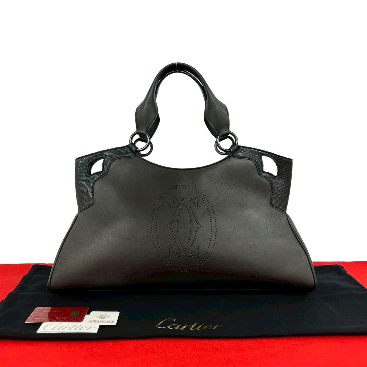 極 美品 袋 カード付 CARTIER カルティエ マルチェロ パンチング ロゴ レザー 本革 ハンドバッグ トートバッグ ブラック 黒 29591